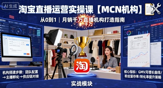 淘宝直播运营实操课【MCN机构】，从0到1做一家月销千W的直播机构-宝创网