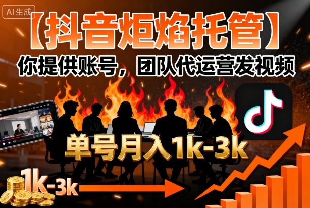 【抖音炬焰托管】你提供账号，团队代运营发视频，单号月入1k+【揭秘】-宝创网