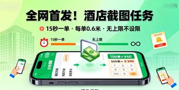 全网首发！酒店截图任务，15秒一单，每单0.6米，任务无上限不设限，矩阵操作单日3张到手【揭秘】-宝创网