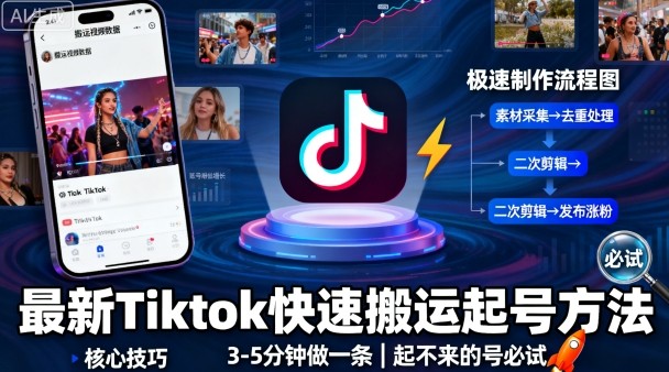 最新Tiktok快速搬运快速起号方法，3-5分钟做一条，起不来的号可以试试-宝创网
