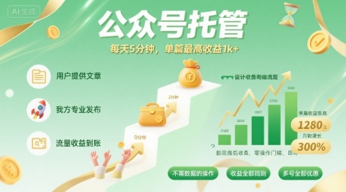 【公众号托管 】我提供文章，你发布，每天5分钟，单篇最高收益1k+【揭秘】-宝创网