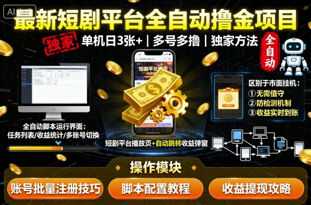 最新短剧平台全自动挂G撸金项目，单机一天3张+，多号多撸，区别于市面所有挂机项目，独家方法【揭秘】-宝创网
