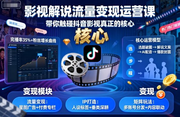 影视解说流量变现运营课，带你触碰抖音影视真正的核心-宝创网