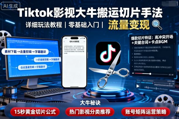 Tiktok影视大牛搬运切片手法，详细玩法教程-宝创网