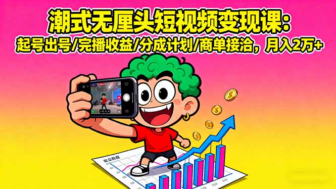 潮式无厘头短视频变现课：起号出号/完播收益/分成计划/商单接洽，月入2万+-宝创网