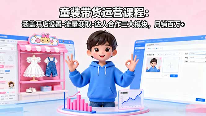 童装带货运营课程：涵盖开店设置-流量获取-达人合作三大模块，月销百万+-宝创网