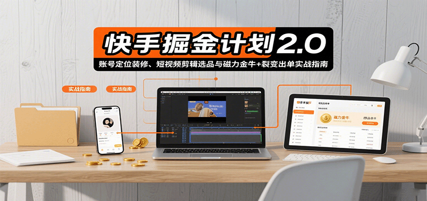 快手掘金计划2.0，账号定位装修、短视频剪辑选品与磁力金牛+裂变出单实战指南-宝创网
