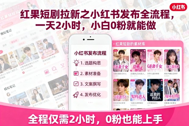红果短剧拉新之小红书发布全流程，一天2小时，小白0粉就能做-宝创网