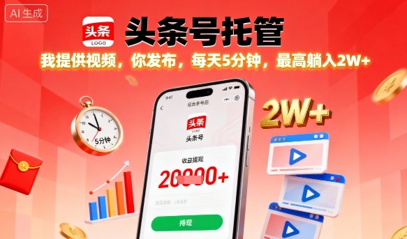 【头条号托管】我提供视频，你发布，每天5分钟，最高躺入2W+【揭秘】-宝创网