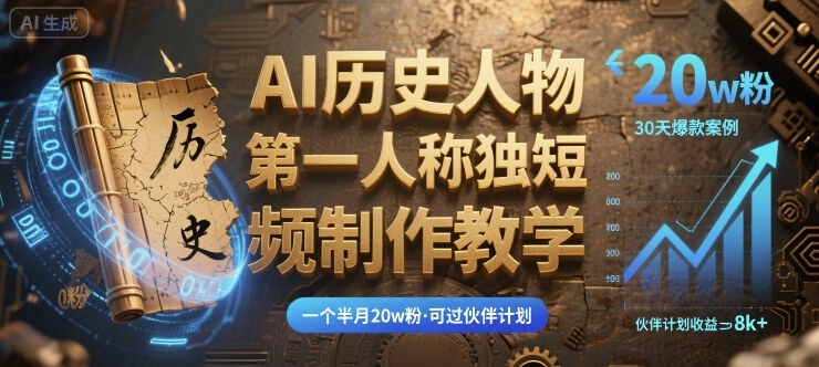 最新AI历史人物第一人称独白短视频制作教学，一个半月20w粉，可过伙伴计划-宝创网