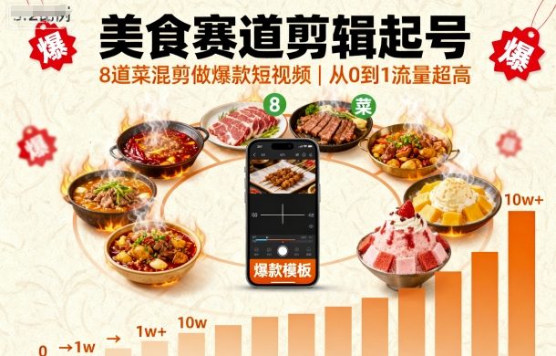 美食赛道剪辑起号，8道菜混剪做爆款短视频，从0到1，流量超高-宝创网