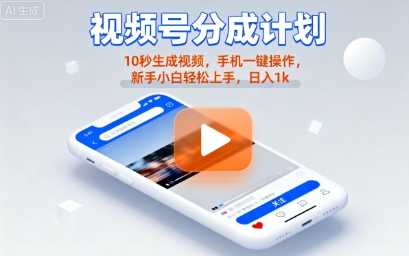视频号分成计划懒人玩法，10秒生成视频，手机一键操作，新手小白轻松上手，日入1K【揭秘】-宝创网