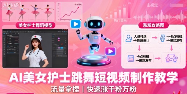 AI美女护士跳舞短视频制作教学，流量拿捏，快速涨千粉万粉【提示词+视频教程】-宝创网