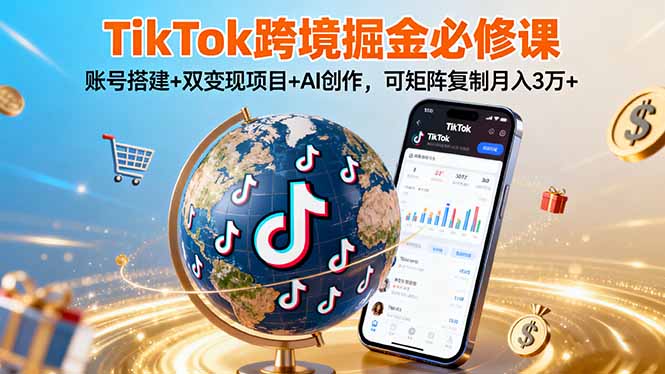 TikTo跨境掘金必修课，账号搭建+双变现项目+AI创作，可矩阵复制月入3万+-宝创网